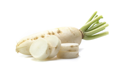 fresh white radish with slices isolated on white background