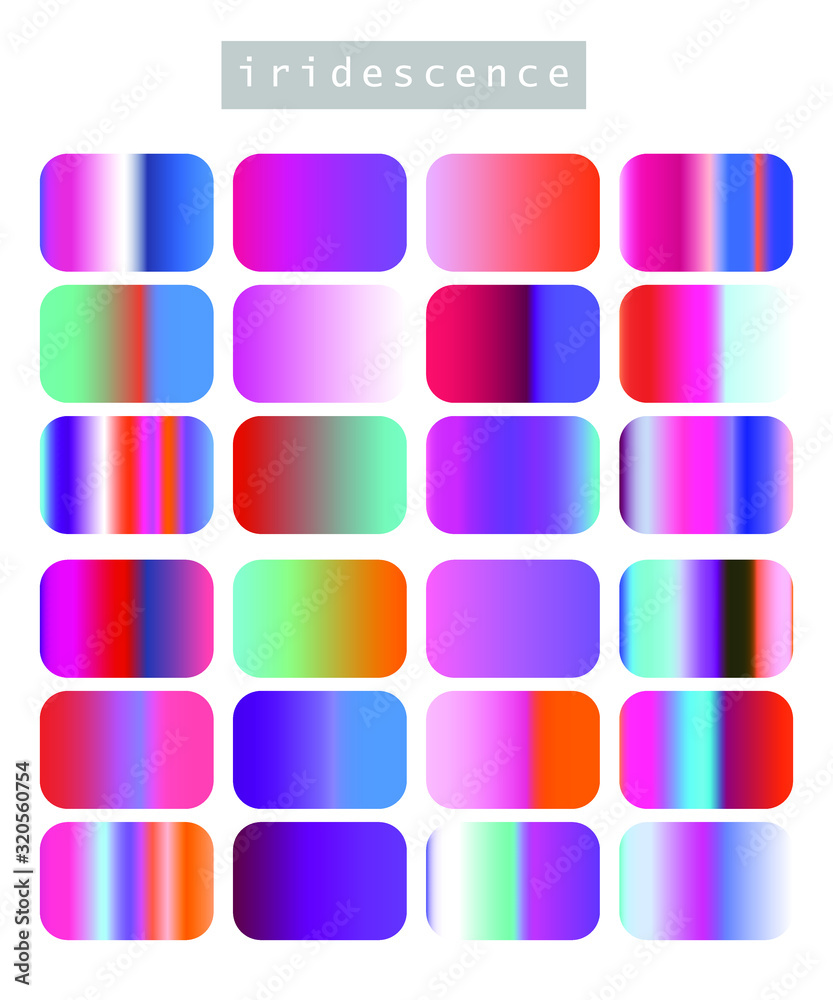 Poster set of iridescent gradient swatches for design. mix of trend colors for 2020 year: opalescent and sh