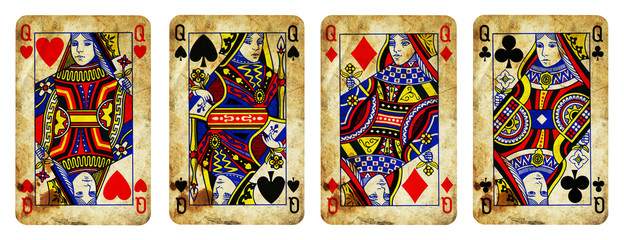 Four Queens Vintage Playing Cards - isolated on white