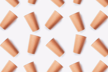 Pattern empty paper cups top view, morning coffee concept