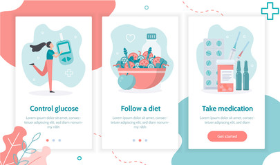 Glucose control, diet and medication. Onboarding screens template for mobile applications and websites. Medicine diabetes concept. 