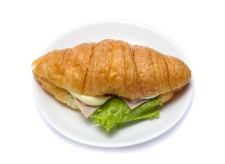 croissant sandwich with ham isolated on white background