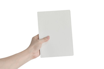Hands holding empty white paper isolated on white background with clipping path. Copy space for text.
