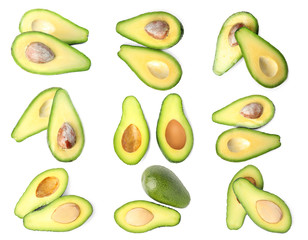 Set of delicious fresh avocados on white background, top view