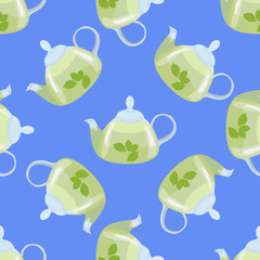 Seamless pattern with glass teapots with mint tea on a blue background. Can be used for textiles, paper, packaging, Wallpaper, and your design.