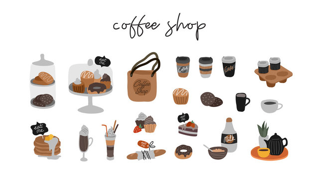 Coffee Shop Hand Drawn Collection . Cartoon Constructor Set. Small Business, Coffee Pots, Dessert Sweets, Pancakes, Cookies, Donut, Bread, Cake. Vector