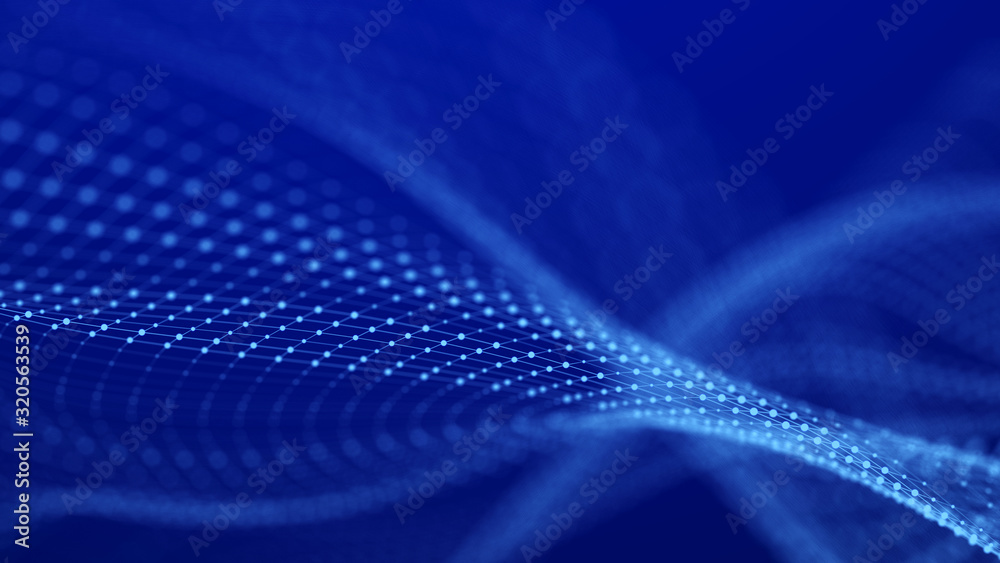 Fototapete Abstract futuristic wave. Network connection dots and lines. Digital background. 3d rendering.