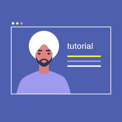 online video tutorial, cover image, a portrait of a young indian male character, online education