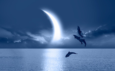 Silhoutte of beautiful dolphin jumping up from the sea at sunset with crescent moon