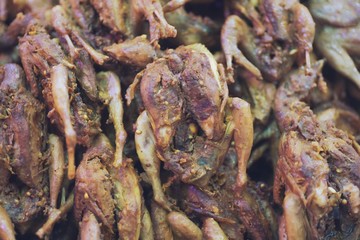 Close up of Fried quail, thai street food market
