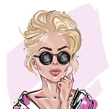 Hand-drawn young beautiful blonde girl in sunglasses. Fashion illustration of a stylish look. Vector for design t-shirts typography cards and posters.