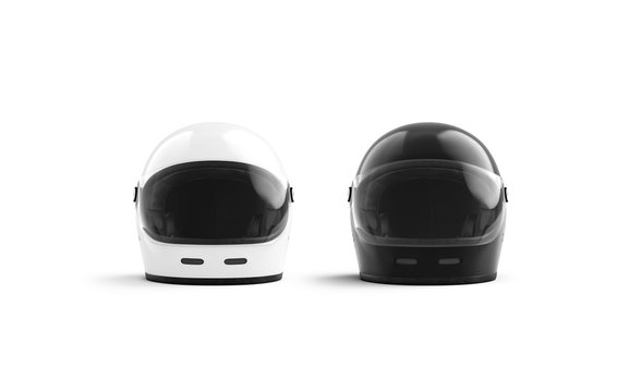 Blank black and white motorcyclist helmet mockup, front view