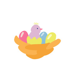 Easter decoration with a nest, a hatched chick and colorful eggs. Hand drawn vector illustration isolated on white background. Great for Easter products design, cards, treats.