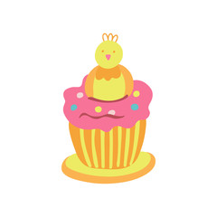 Easter cupcake decorated with a  little chicken, jelly beans and pink whipped cream. Great for Easter products design, greeting cards, treats. Hand drawn vector illustration isolated on white.