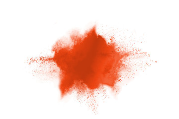abstract orange powder splatted background. Colorful powder explosion on white background. Colored cloud. Colorful dust explode. Paint Holi.