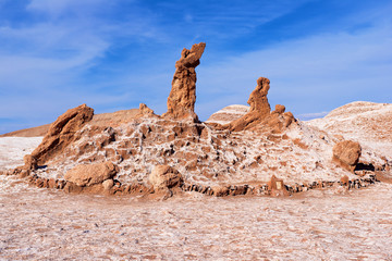 Las Tres Marias (Three Marias) salt and clay rock formation formed by natural erosion in Valle de la Luna in San Pedro de Atacama, Chile.