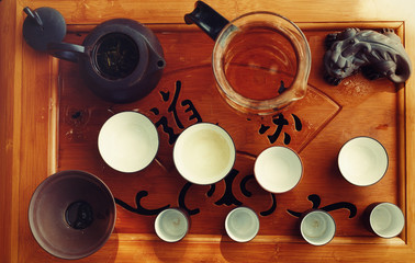 Tea set for tea ceremony. Tea ritual.