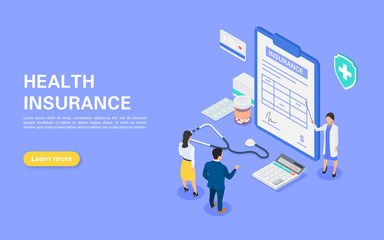 Medical insurance concept. Hospital staff tells a young couple about an insurance contract. A set of objects on the theme of medecine.