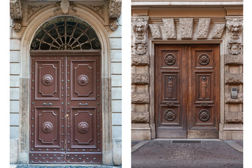 two old wooden doors trimmed with metal decorations from different cities of Europe