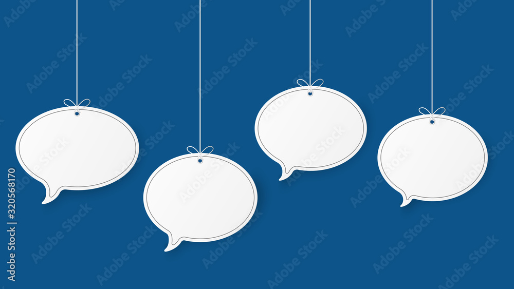 Poster paper art with circle on blue sky. copy space. speech bubble, white blank hanging..