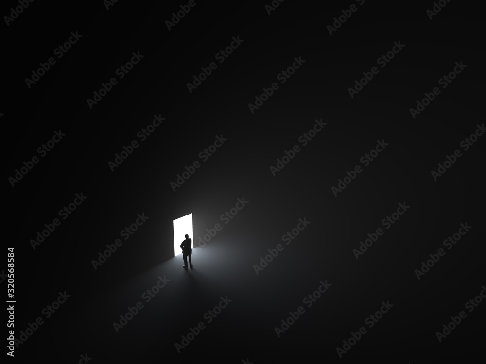 Sticker man in front of a open glowing door