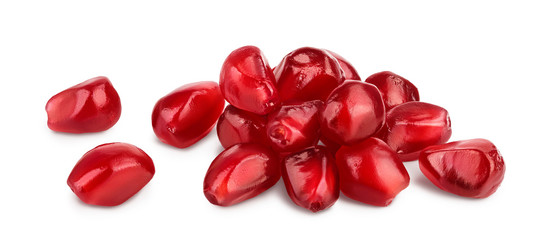Heap of fresh pomegranate seeds isolated on white background with clipping path and full depth of field.