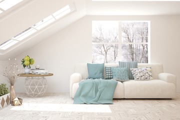 Stylish room in white color with sofa and winter landscape in window. Scandinavian interior design. 3D illustration