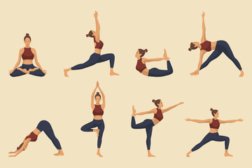 Set of yoga asanas. Young woman demonstrating various yoga or pilates positions isolated on light background. Concept health lifestyle. Sports female character.