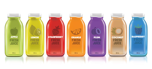 Fresh juice realistic glass canned bottle set. Healthy organic product, natural vegan nutrition vector packaging mockup.