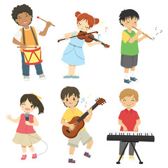 Boys and girls playing music instruments vector collection. Children playing music vector set	