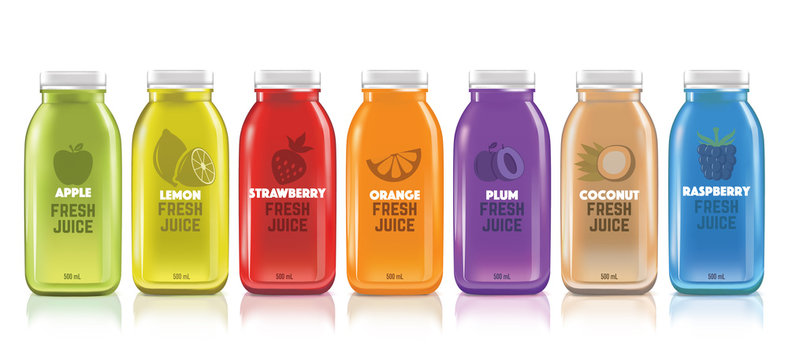 Fresh Juice Realistic Glass Canned Bottle Set. Healthy Organic Product, Natural Vegan Nutrition Vector Packaging Mockup.