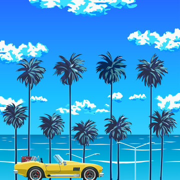 Palm trees on a tourist beach, turquoise ocean with blue sky with clouds on a sunny day. Yellow sports car on the background of the sea. Natural backdrop for summer vacation. Surfing beach. Vector 
