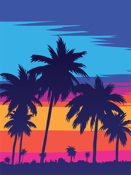 palm trees, beach and the blue sky with clouds © yul1_illustrator