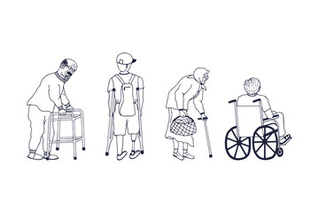 handicapped man with prosthesis on crutches with a backpack. a guy in a wheelchair. old grandmother in glasses. old grandfather with glasses and a beard on a walker  eps10 vector stock illustration. 