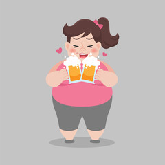 Big Fat women drinking a mug of beer, Healthcare concept, Vector illustration in a flat style.