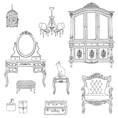Set of furniture and decorative elements for interiors in Provence style. Hand-drawn vector illustration