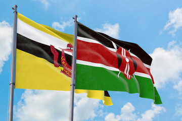Kenya and Brunei flags waving in the wind against white cloudy blue sky together. Diplomacy concept, international relations.