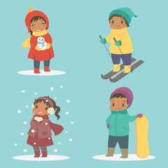 Fototapeta premium set of happy African American kids on winter holiday. Happy kids playing in the snow. Kids winter holiday vector set.