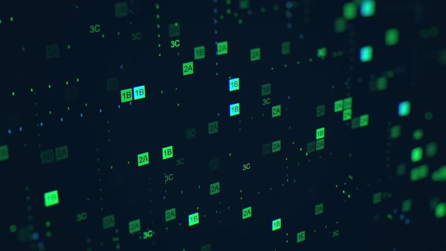Green colored indexes or numbers are floating in cyberspace. Digital hi-tech background. Futuristic geometric animation. Virtual network interface. High Quality video in 4K with Depth of Field effect