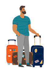 A waiting man with suitcases. Isolated cartoon flat vector illustration on white