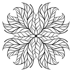 Black and white anristress coloring floral square motif. Herbal leaves rosette.
