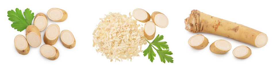 Horseradish root with slices and parsley isolated on white background