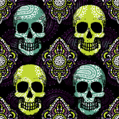 Seamless pattern with hand drawn skulls.