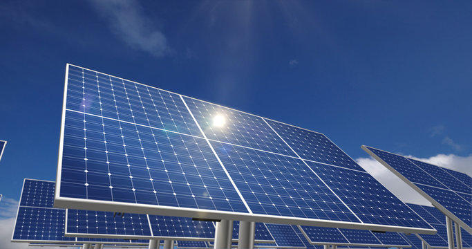 Solar energy panels with sun reflection
