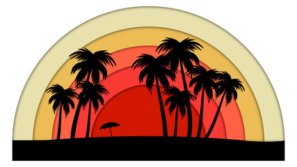 Sunset beach papercut scene with palm trees