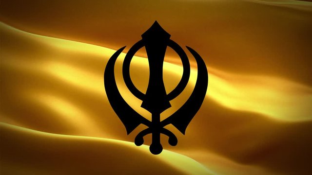 The main symbol of Sikhism is The Khanda sign on the background of an orange waving flag, video, HD