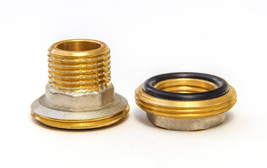 Two brass fittings on white background is often used for water and gas installations