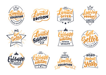 Set of vintage exclusive and limited edition emblems and stamps. Gold premium badges