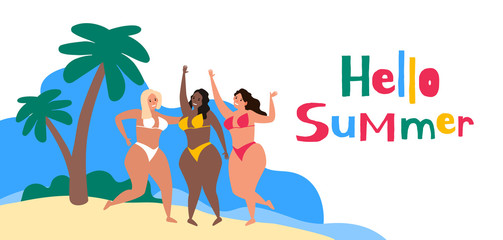 Obraz na płótnie Canvas hello summer three pretty women in bikini on tropical beach 