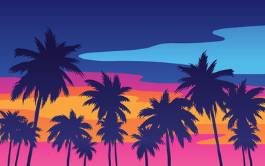 Evening on the beach with palm trees. An evening on the beach with palm trees. Colorful picture for rest. Blue palm trees at sunset. Orange sunset in the blue sky. Palmeny island. Summer sunset agains